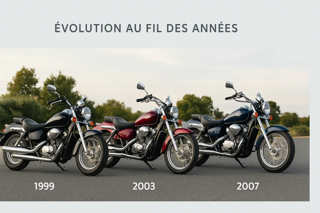 Honda Shadow 125 VT évolution des modèles 1999, 2003 et 2007, motos custom alignées en extérieur, style vintage et intemporel