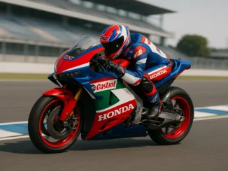 Honda RC213V 2025 MotoGP Castrol rouge bleu blanc en pleine action sur circuit, moto officielle Honda HRC