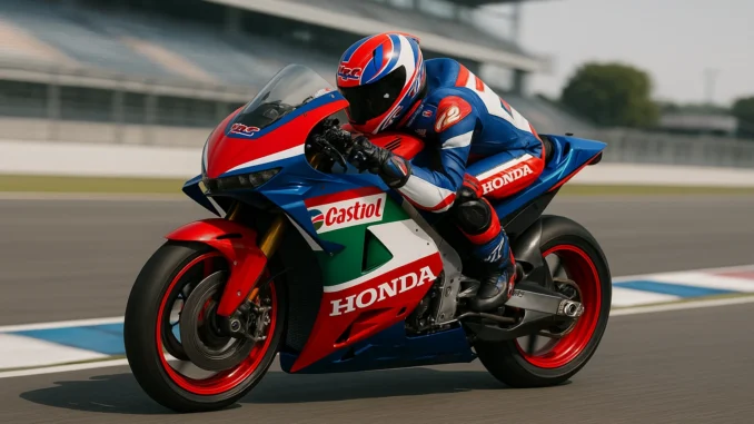 Honda Moto GP RC213V Castrol 2025 Honda RC213V 2025 MotoGP Castrol rouge bleu blanc en pleine action sur circuit, moto officielle Honda HRC