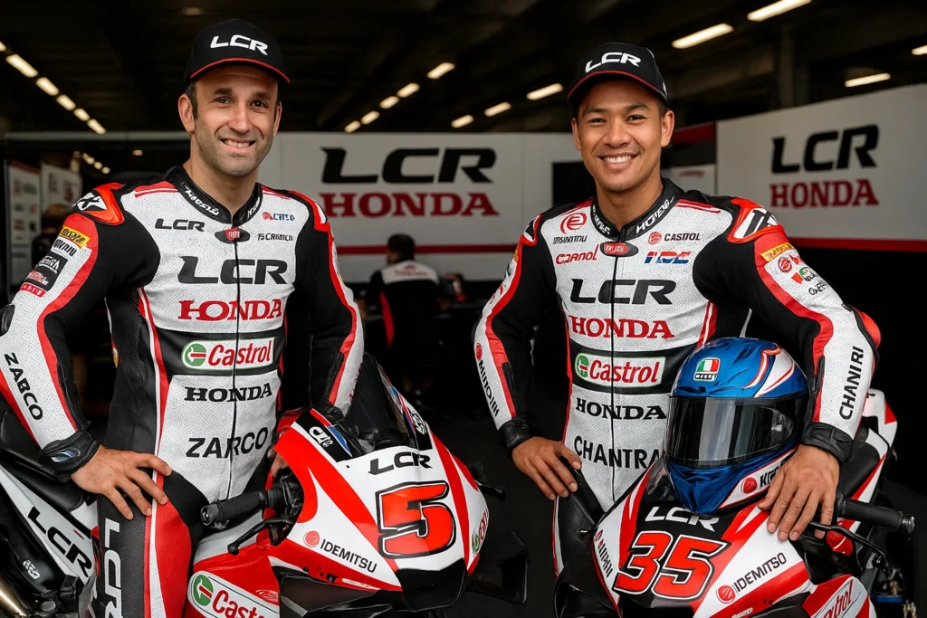 Johann Zarco et Somkiat Chantra en combinaison LCR Honda MotoGP, posant dans le box avec leurs motos 2025