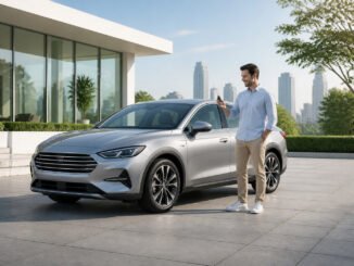 Homme souriant avec cles de voiture argentee