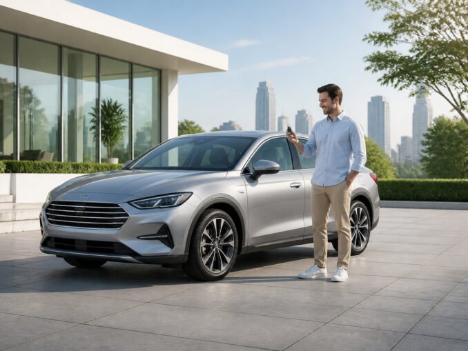 Homme souriant avec cles de voiture argentee