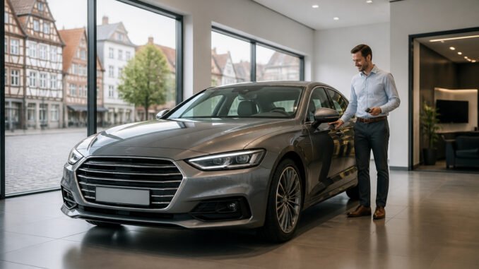 acheter-une-voiture-en-allemagne-votre-guide-2026 Homme souriant a cote de sa nouvelle berline