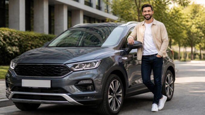 location-voiture-moyenne-le-vehicule-adapte-a-vos-besoins Homme confiant avec suv moderne
