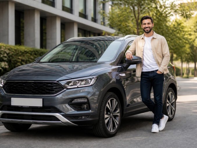 Homme confiant avec suv moderne